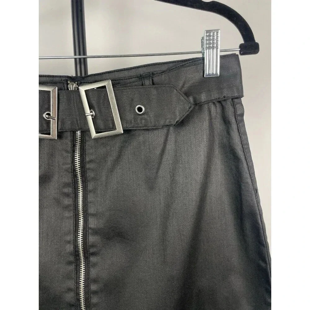 Amp Black Faux Leather Waxed Front Zip Goth Punk Mini Skirt With Belt Size‎ L